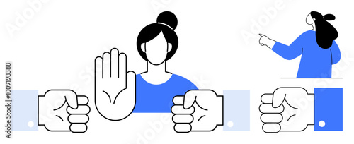 A woman with a bun raises her hand in a stop gesture, with fists on either side and a pointing figure in the background. Ideal for themes like boundary-setting, assertiveness, resistance, conflict