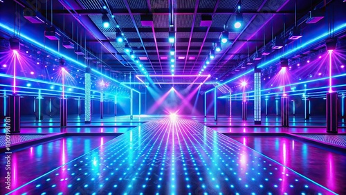 Empty rave dancefloor illuminated by neon blue and purple lights nightlife background