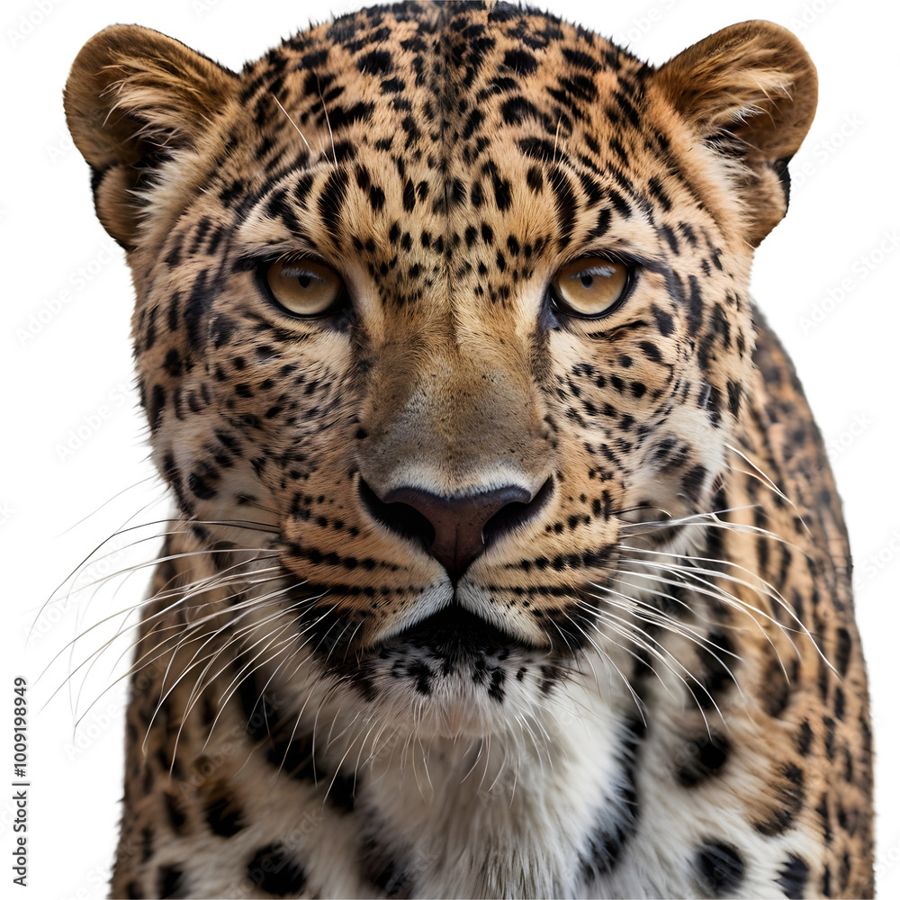 Fototapeta premium portrait of a leopard close-up front view isolated on white, transparent background png 