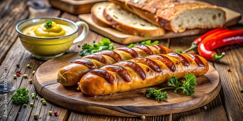 Delicious grilled frankfurt sausage served with mustard and fresh bread on a rustic wooden table