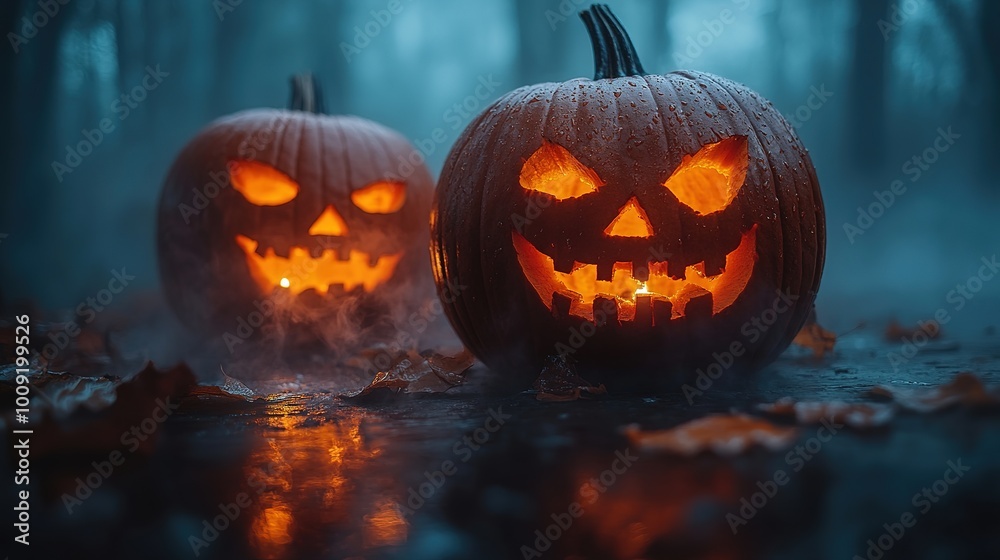 Fototapeta premium Spooky halloween pumpkins in forest. Scary halloween background with free space for text. Jack-o-lantern on a wooden table