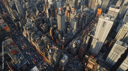 An aerial view of a bustling urban cityscape, fast-paced lifestyle and dynamic energy of metropolitan living, with skyscrapers and traffic below.