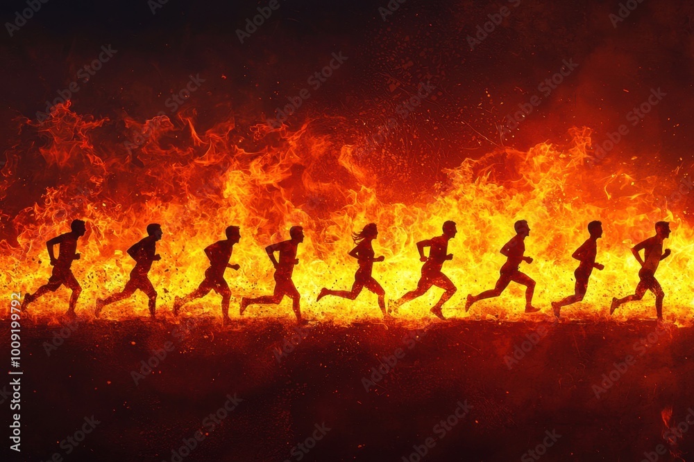 Silhouetted runners racing through flames Silhouetted runners racing through flames