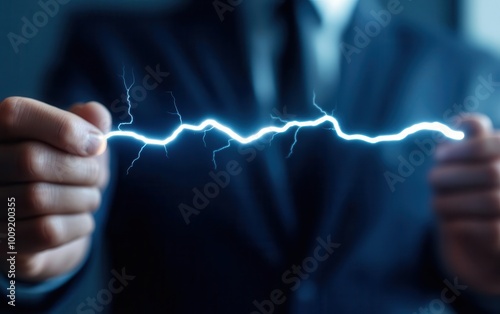 Glowing electricity bolt in the hands of a businessman, illuminating the scene Dark moody background, symbolizing innovation, business strength, and dynamic energy