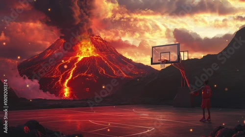 someone who is playing basketball with a volcano in the background. Virtual 4K video animation background with looping time lapse with very smooth graphics.