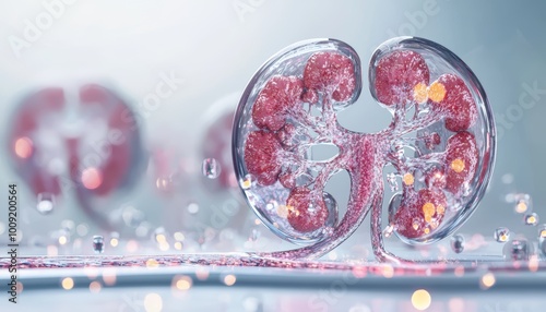 A 3D view of the kidney's internal anatomy, with the renal pyramids, renal papilla, and calyces clearly displayed inside a cutaway model.