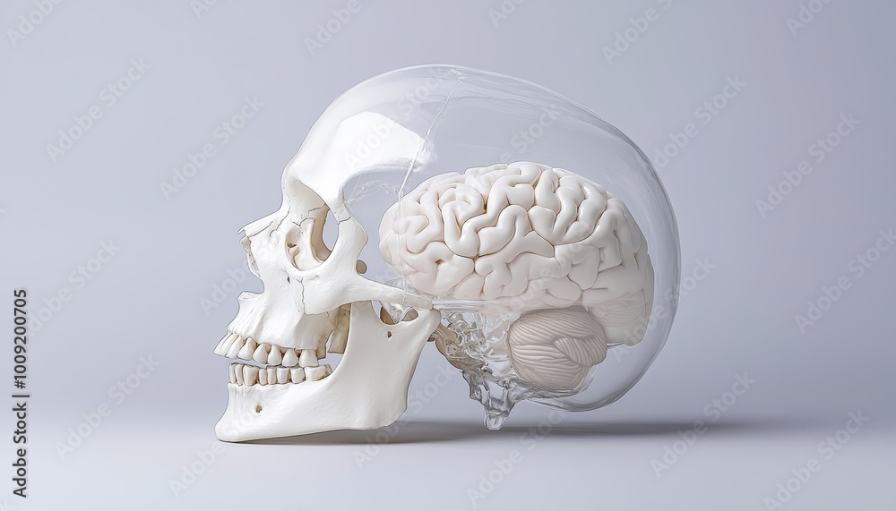 A 3D visual of a human skull, with labeled bones and the brain visible ...