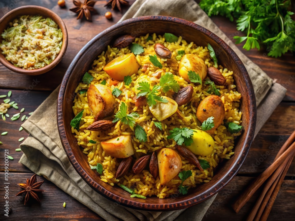 Delicious Potato Biryani Served in a Bowl with Fresh Herbs and Spices for a Flavorful Meal Delicious Potato Biryani Served in a Bowl with Fresh Herbs and Spices for a Flavorful Meal