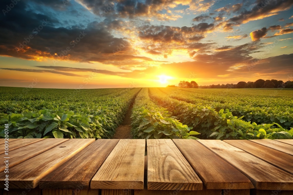 Empty rustic wooden table with soybean field background Empty rustic wooden table with soybean field background