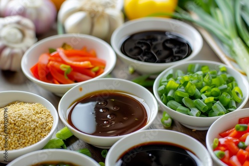 Colorful assorted sauces and fresh vegetables