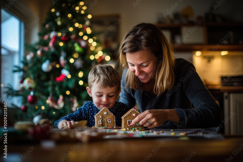 Fototapeta premium Mother with little son cooking gingerbread cookies against the background of a Christmas tree. Christmas and New Year's Eve.