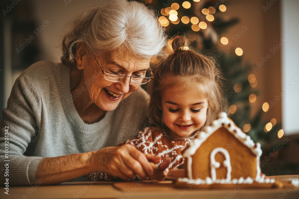 Grandmother and granddaughter prepare a gingerbread house at the table. Christmas and New Year's Eve. Grandmother and granddaughter prepare a gingerbread house at the table. Christmas and New Year's Eve.