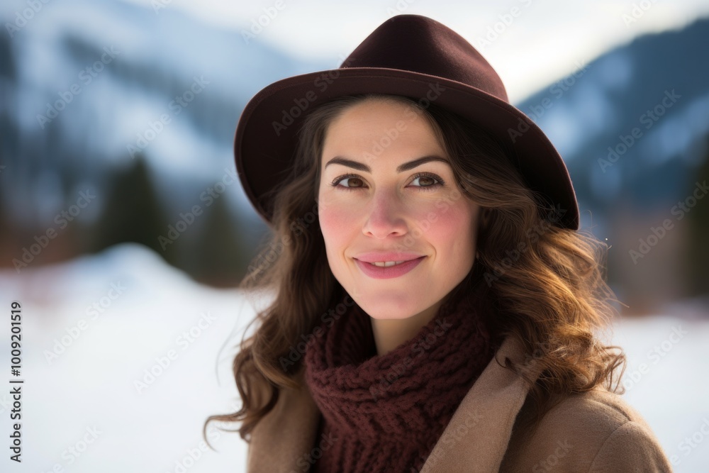 Portrait of a satisfied woman in her 30s donning a classic fedora over snowy mountain range Portrait of a satisfied woman in her 30s donning a classic fedora over snowy mountain range