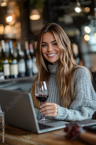 Smiling woman holding wine glass while working on laptop, Generative AI