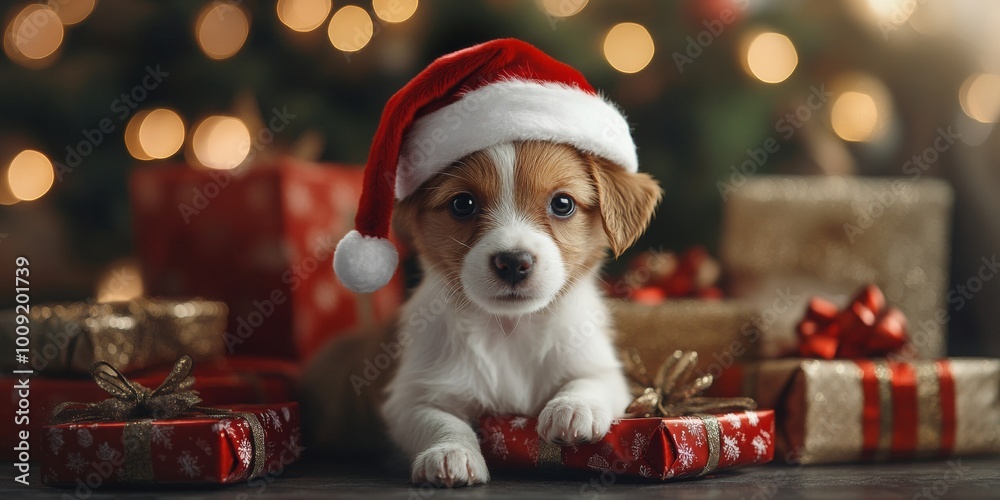 Festive Puppy Delight, a cheerful puppy in a Santa hat with colorful gifts in a warm holiday atmosphere, embodying joy and celebration Festive Puppy Delight, a cheerful puppy in a Santa hat with colorful gifts in a warm holiday atmosphere, embodying joy and celebration