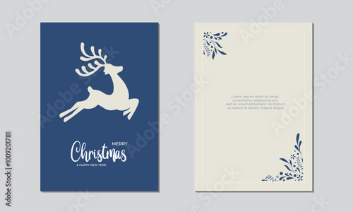 Holidays modern artistic templates with Christmas Deer and tree. Christmas ornament, backgrounds, ornate floral frames and copy space. Universal cards.
