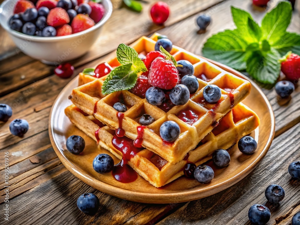 Delicious Waffles Topped with Fresh Berries and Syrup on a Rustic Wooden Table for Breakfast
