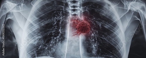 A chest X-ray highlighting the effects of lung cancer due to smoking, with a detailed view of a cancerous nodule growing near the bronchial tubes. photo