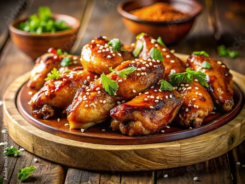 Deliciously Glazed Teriyaki Chicken Wings Served on a Rustic Wooden Platter with Sesame Seeds