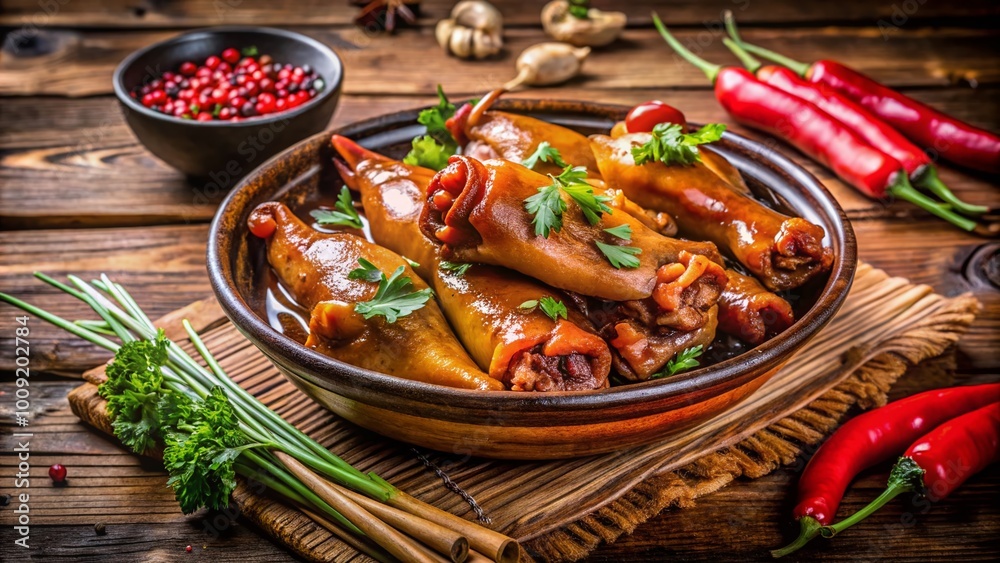 Deliciously prepared pork feet served on a rustic wooden table, highlighting traditional cuisine style Deliciously prepared pork feet served on a rustic wooden table, highlighting traditional cuisine style
