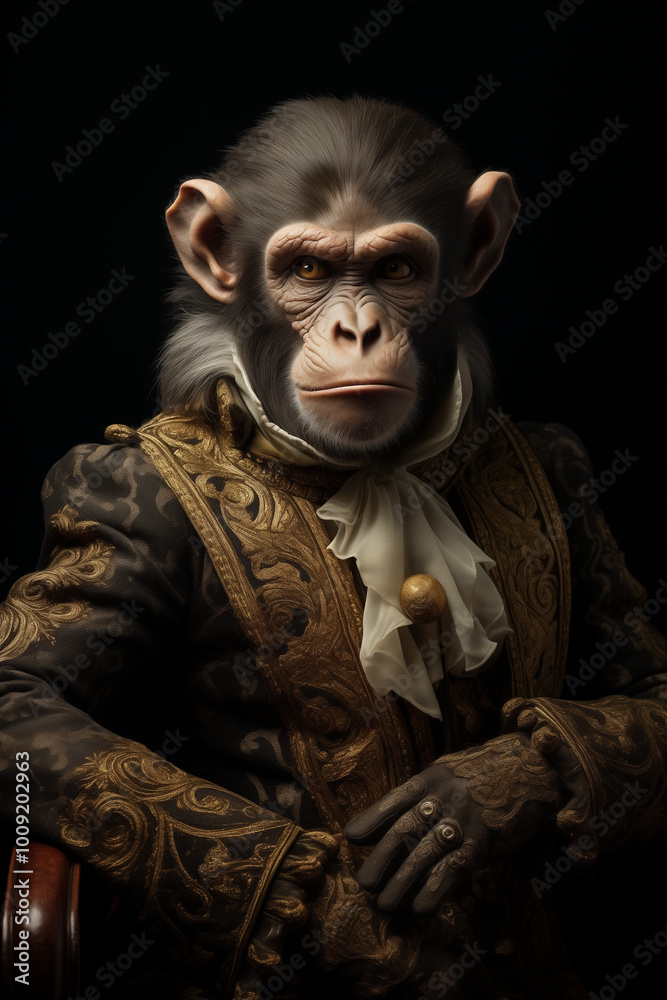 Monkey in luxurious historical costume on dark background, surreal artistic portrait Monkey in luxurious historical costume on dark background, surreal artistic portrait