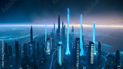  Futuristic Cityscape with Neon Skyscrapers and High-Tech Architecture photo