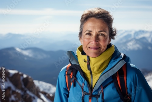 Portrait of a content woman in her 50s sporting a technical climbing shirt isolated in snowy mountain range