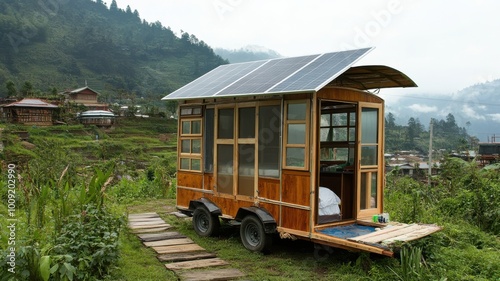 A small wooden house with a solar panel on the roof