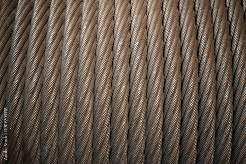 Close up on a Drum of one and five sixteenth inches (34mm) 6 strands of 19 wires, sisal core, cable car cable.  photo