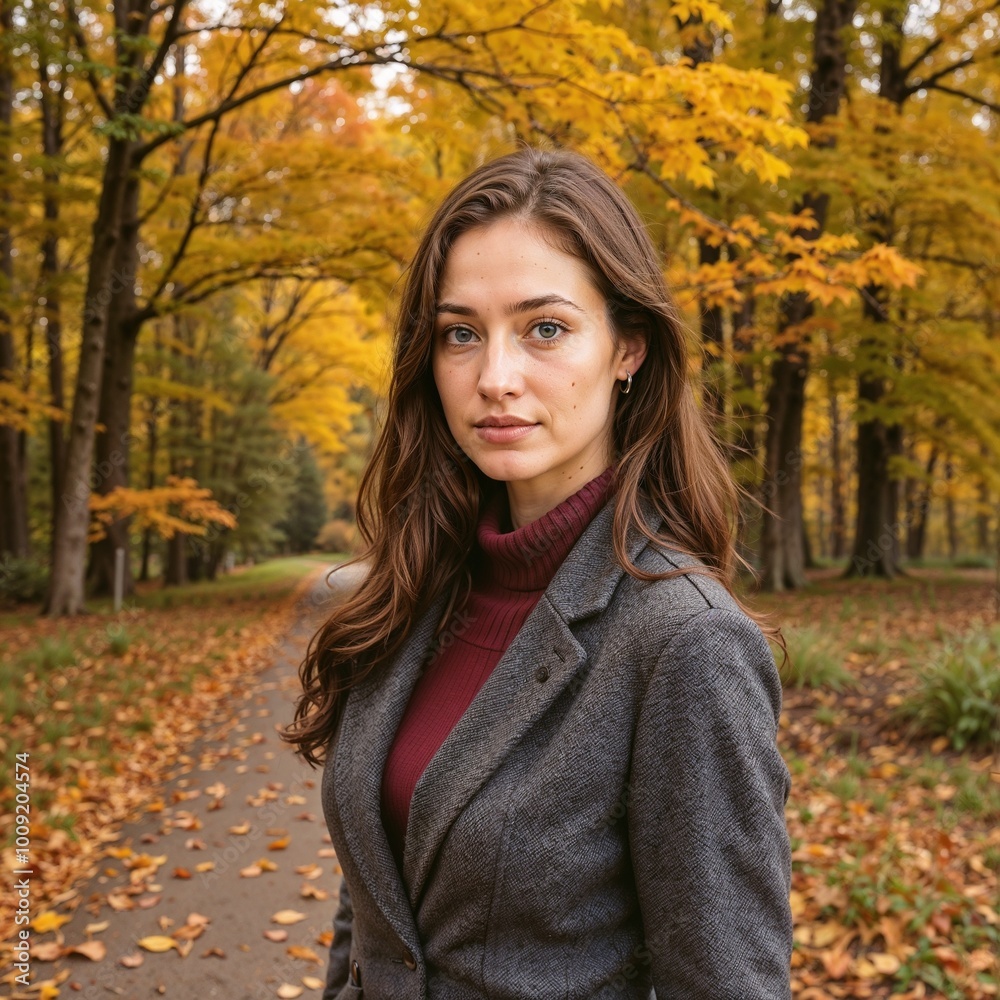 Woman with serene expression enjoying autumn foliage in vibrant yellow forest Woman with serene expression enjoying autumn foliage in vibrant yellow forest