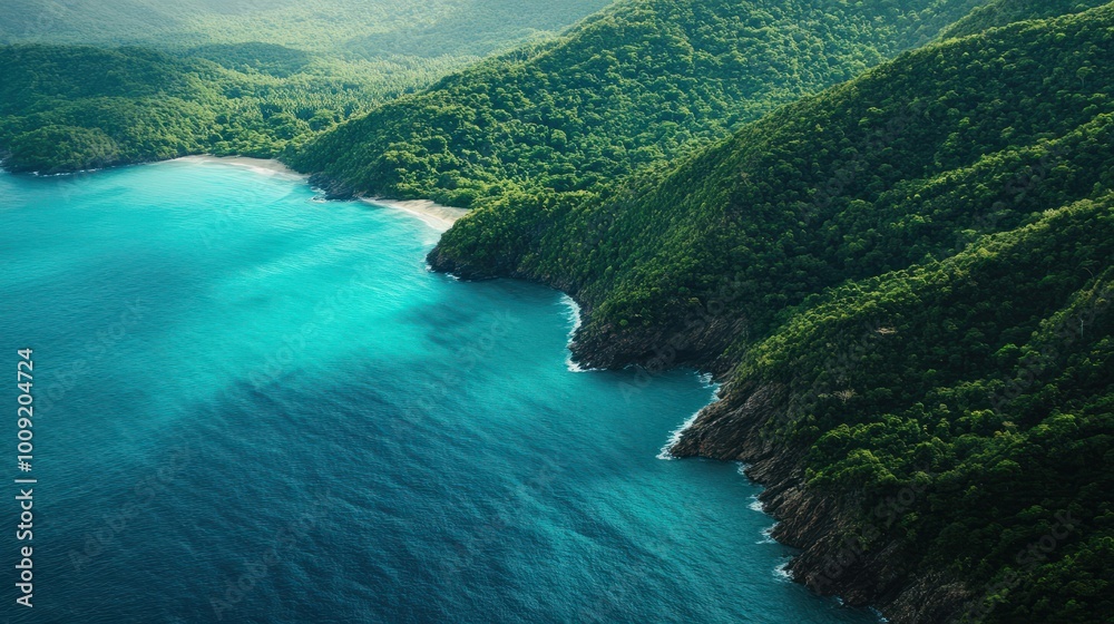 Breathtaking aerial view of a dense forest coastline meeting a turquoise sea Breathtaking aerial view of a dense forest coastline meeting a turquoise sea