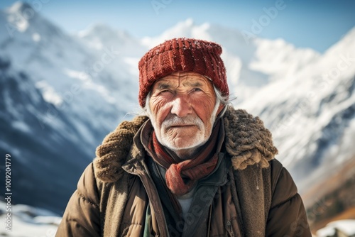 Portrait of a satisfied man in his 80s wearing a versatile buff over snowy mountain range