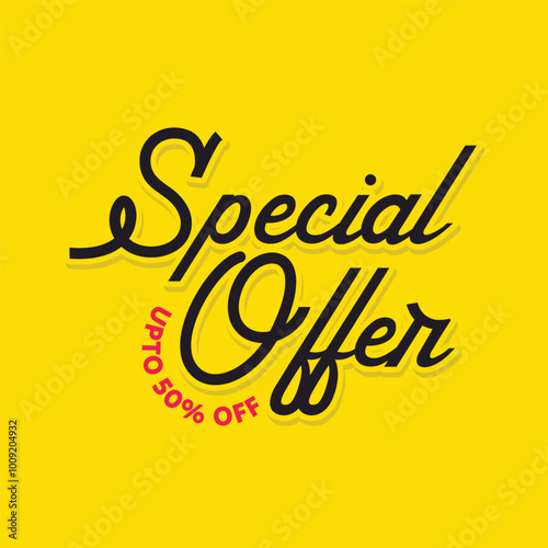 Special offer typography logo, tag, sticker, label, badge. Up to 50% off discount template, banner, poster. Vector illustration on yellow background