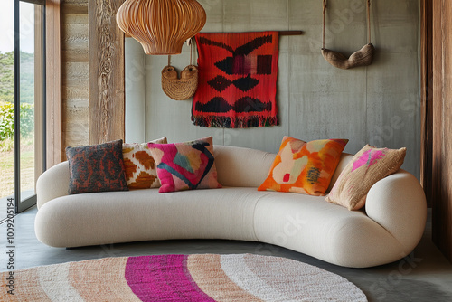 Modern living room with a stylish curved sofa, vibrant patterned pillows, and a cozy bohemian décor, creating a chic yet relaxed ambiance, Interior design