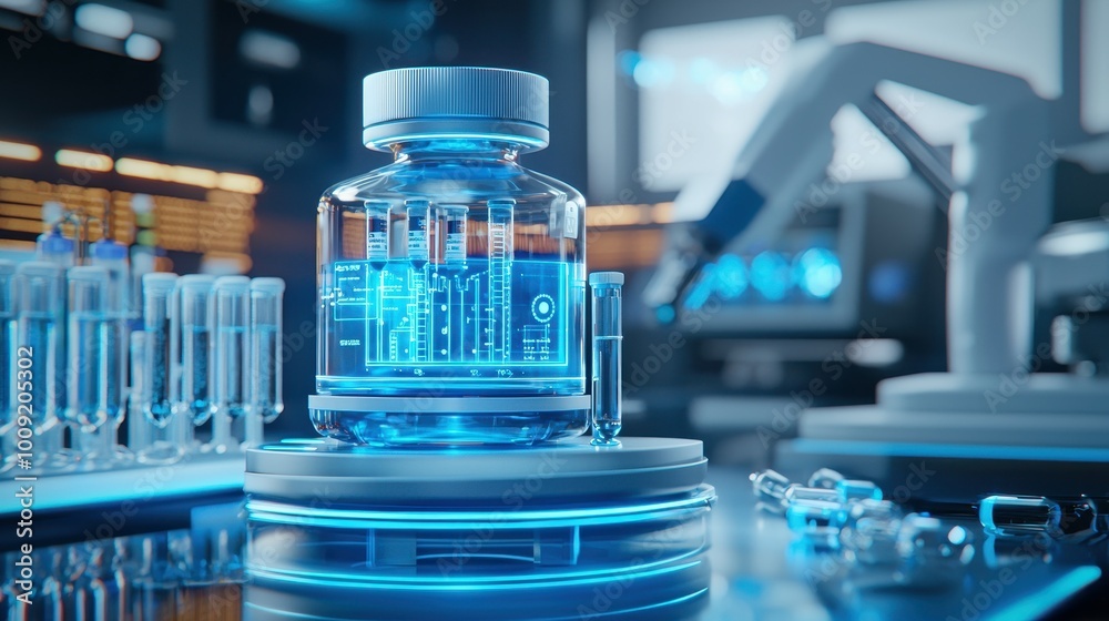 A large glass bottle with a blue glowing digital display inside sits on a platform in a futuristic lab. A large glass bottle with a blue glowing digital display inside sits on a platform in a futuristic lab.