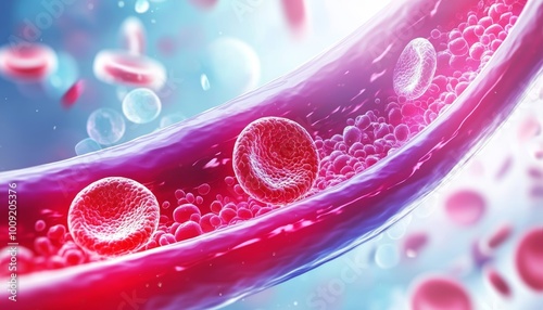A close-up medical illustration showing cholesterol plaque inside an artery, with the plaque encroaching on the blood flow and narrowing the vessel. photo