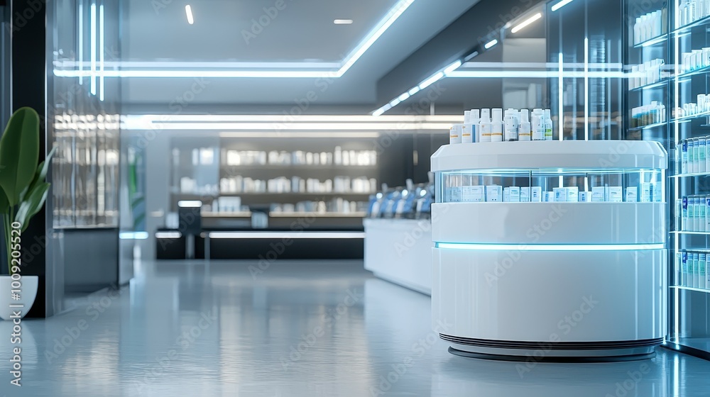 A modern pharmacy with a white rotating display case filled with various products. A modern pharmacy with a white rotating display case filled with various products.