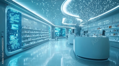 Futuristic pharmacy with white shelves and a starry ceiling.