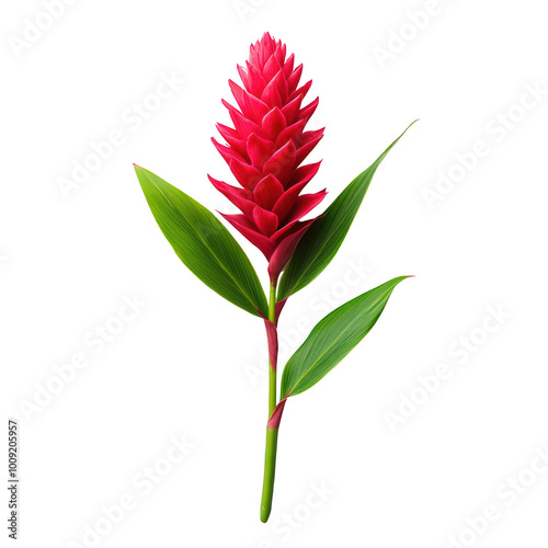 Vibrant red ginger flower with green leaves isolated on white background.