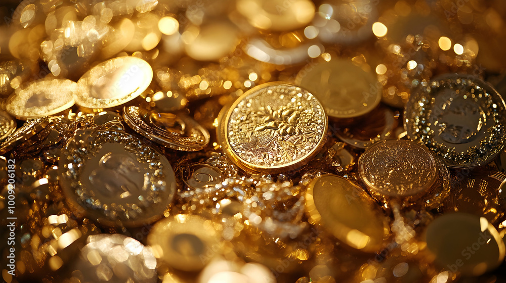 Rich Collection of Golden Coins and Colorful Jewels, Showcasing a Wealth of Antique Treasures. Generative AI Rich Collection of Golden Coins and Colorful Jewels, Showcasing a Wealth of Antique Treasures. Generative AI