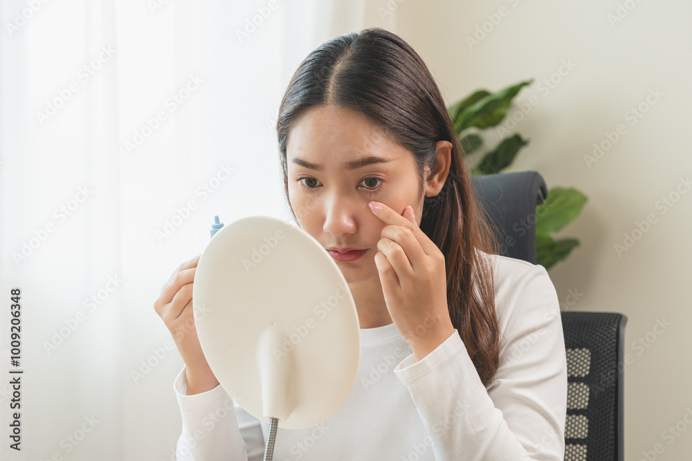 asian young woman using medical eye drops to treat dry eye and irritation. asian young woman using medical eye drops to treat dry eye and irritation.