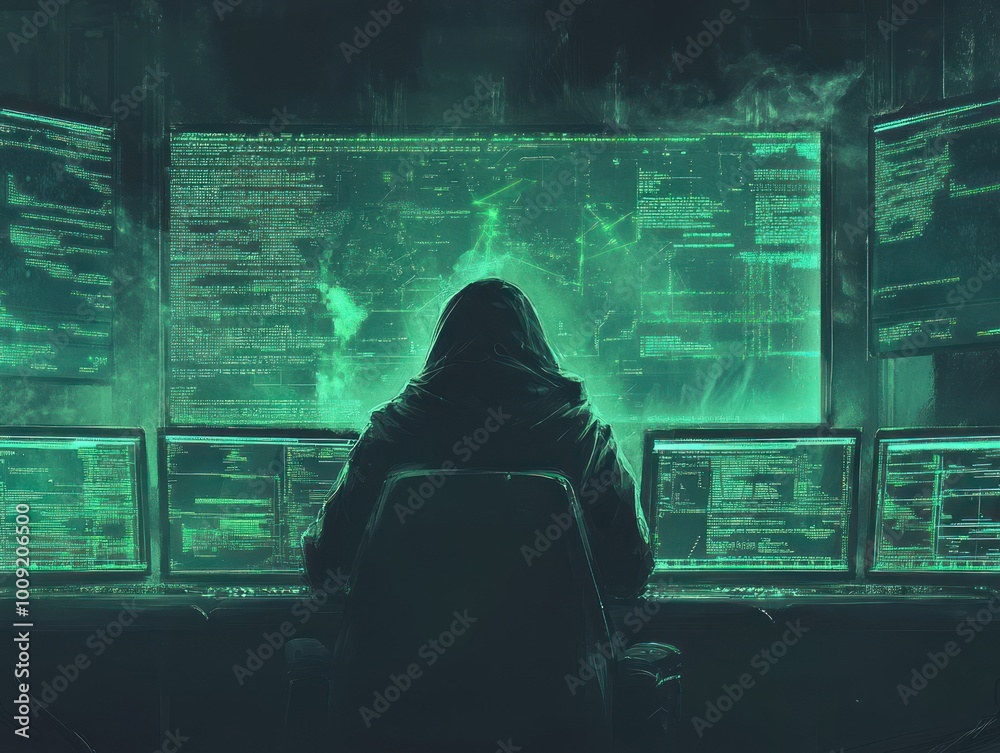 Cybercriminal hacking with laptop in futuristic digital environment Cybercriminal hacking with laptop in futuristic digital environment