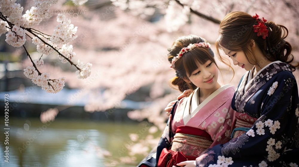 Young Japanese women in traditional Yukata dress on the park with sakura Young Japanese women in traditional Yukata dress on the park with sakura