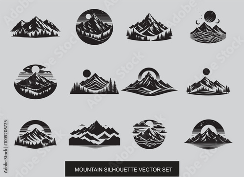 Hand drawn mountain shilhoette illustration.