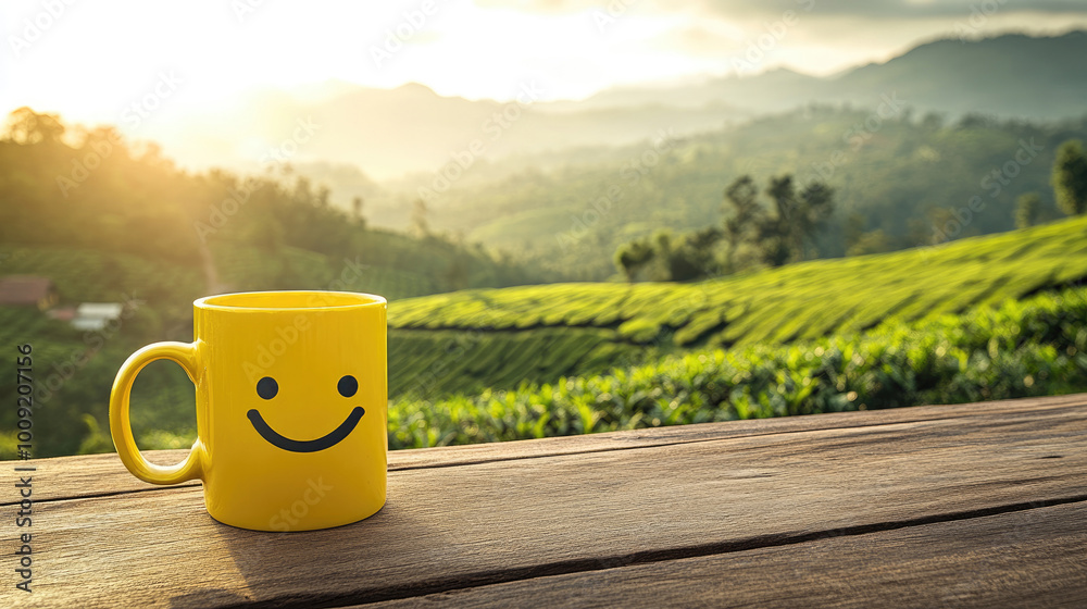 Obraz premium Yellow Coffee Mug with Happy Face on Wooden Table, Tea Plantation in the Background. Cheerful Outdoor Scene