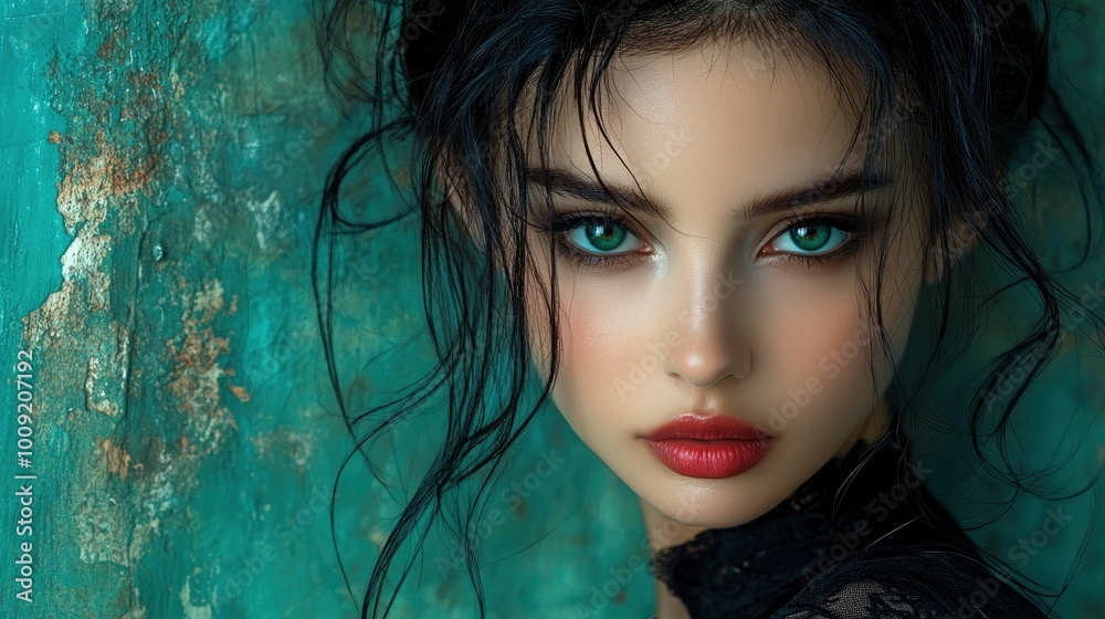 Close-up portrait of a beautiful woman with green eyes and red lips