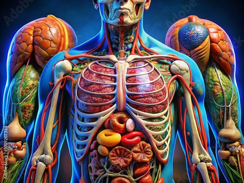 Detailed Cross-Section View of Human Body Anatomy Showing Organs and Systems in Vibrant Colors