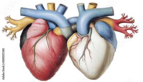 A close-up of the heart's interior, showing the symmetry of the atria and ventricles, with their corresponding valves positioned in balance on each side. photo