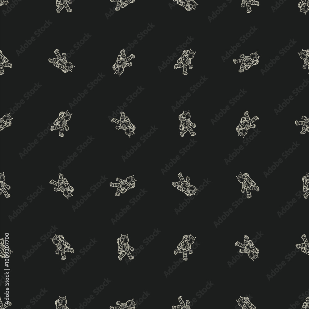 Astronauts monochrome seamless pattern. Black and white doodle art on a dark background. Space adventures and travel in universe. Fabric wrapping vector print design Astronauts monochrome seamless pattern. Black and white doodle art on a dark background. Space adventures and travel in universe. Fabric wrapping vector print design