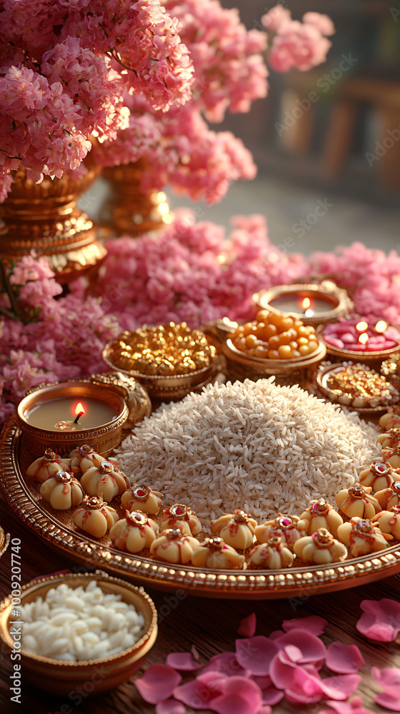 Delight in vibrant Bhai Dooj celebration with beautifully arranged ceremonial plate featuring traditional sweets and delicacies and surrounded by blooming flowers. Delight in vibrant Bhai Dooj celebration with beautifully arranged ceremonial plate featuring traditional sweets and delicacies and surrounded by blooming flowers.